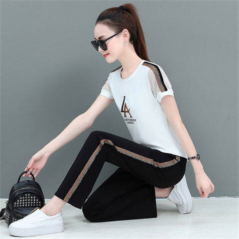 Summer 2020 Plus Size Women's Suit T-shirt + Pants 2 Piece Set Female Casual Sportswear Fashion Suit