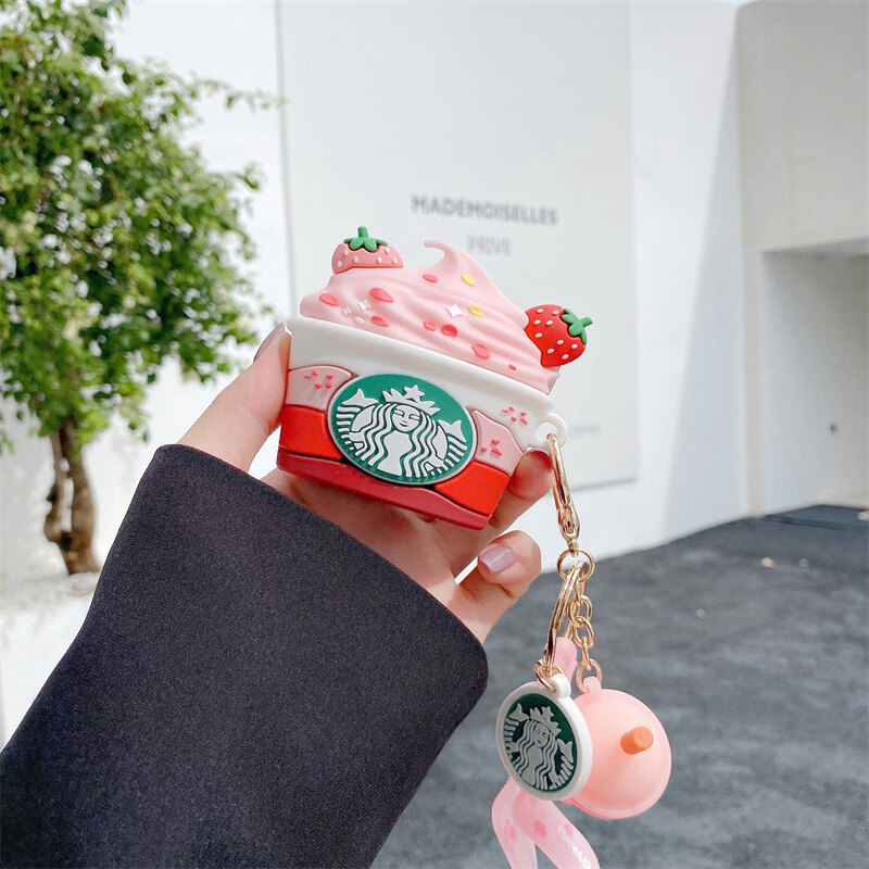 Cute Strawberry Coffee Cup Wireless Bluetooth Earphone Case for Apple Airpods 3 Silicone Shockproof Cover for Airpods Pro 2 1 Charging Box Accessories With Pretty Pendant