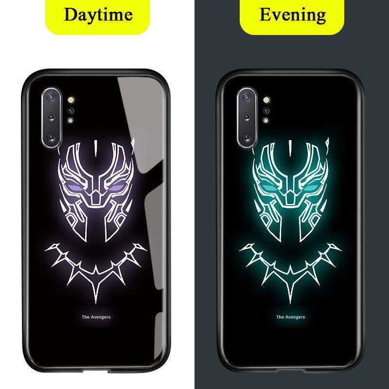 UCUC CASE For Samsung Note 10 Plus + case Luminous Marvel Superhero Captain America Ironman Case Glow in Dark Tempered Glass Back Casing Cover