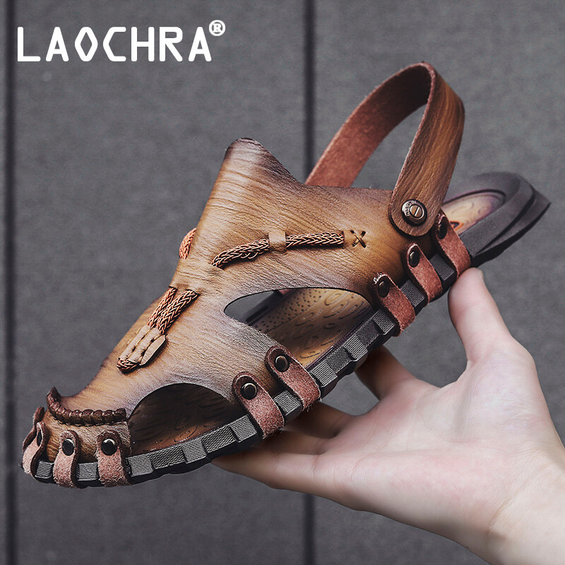 LAOCHRA Summer Sandals Men Genuine Leather Slip On Casual Shoes Non Slip Beach Slippers For Men Big Size 38-47 Fashion Soft Sole Sandals Men Shoes