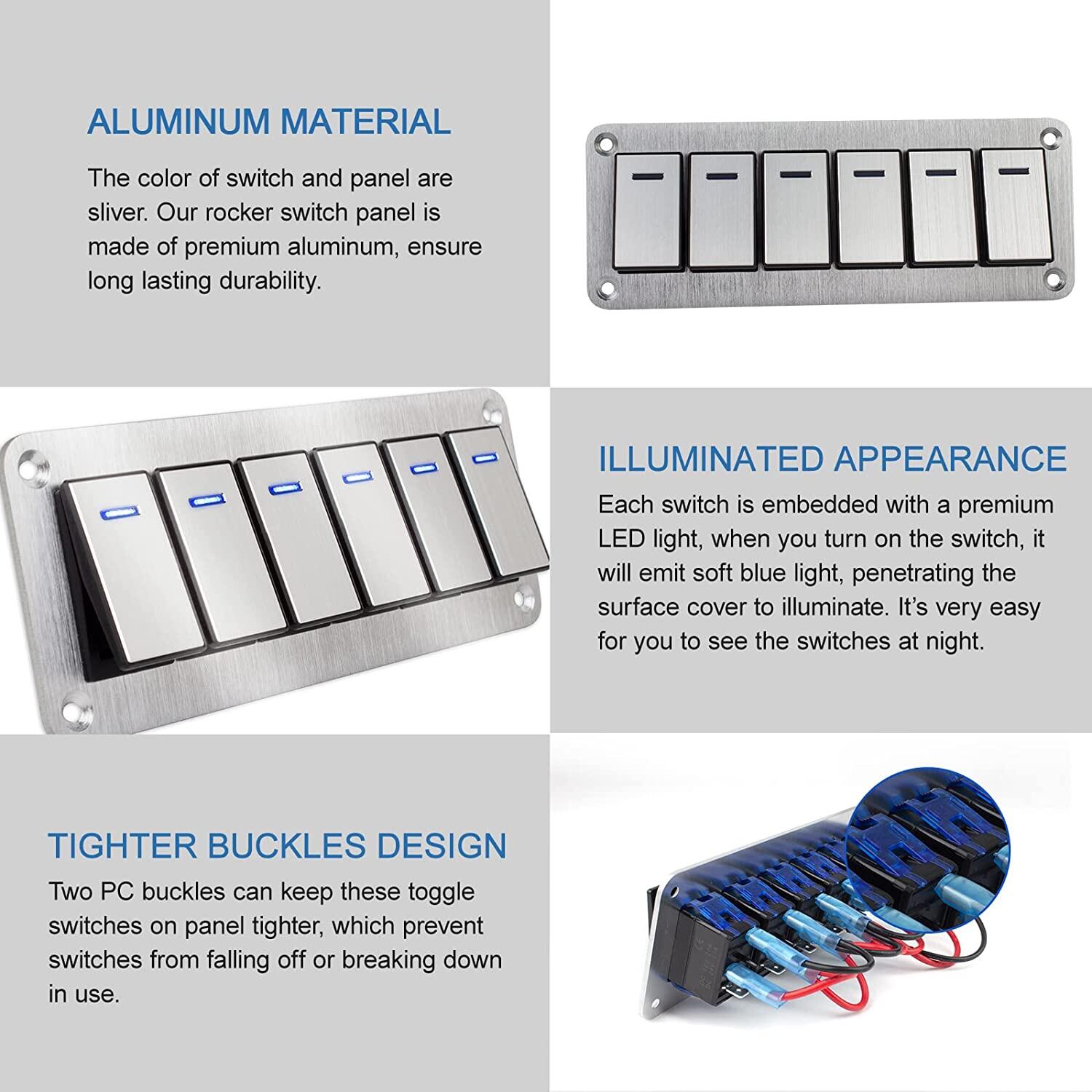 Durable Metal 2-8 Rocker Switch Panel Marine Automotive Switch Panel 12V~24V Overload Protection LED Light High Quality Waterproof Switch Panel Marine RV Rocker Switch Panel