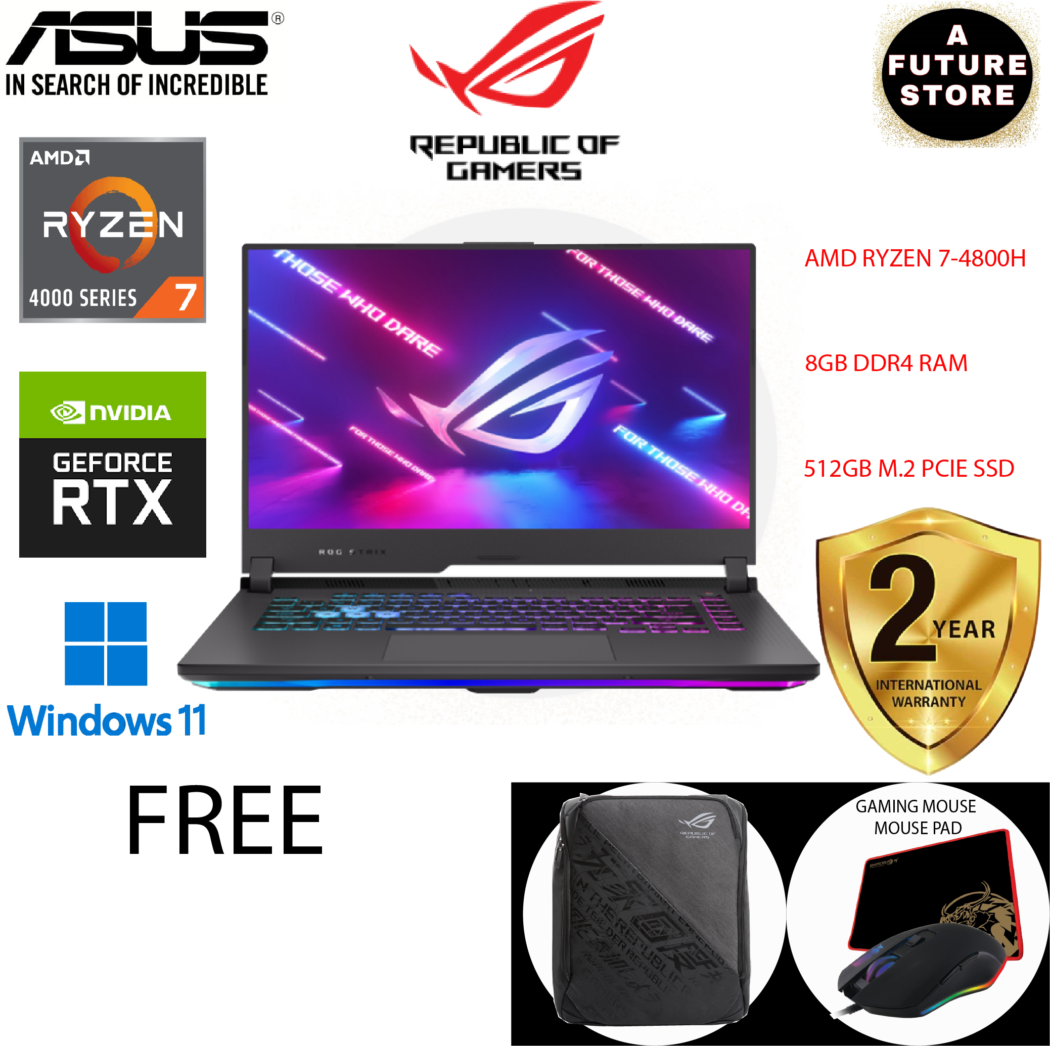 Asus ROG Strix G15 G513I-CHN042W 15.6'' FHD 144Hz Gaming Laptop ( Ryzen ...