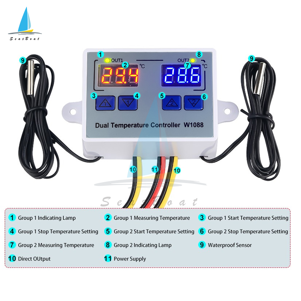 【Seasboat】 W1088 Dual LED Digital Temperature Sensor Meter Controller Electric Heating Thermostat 12V/24V/110-220V Aquarium Incubator Thermoregulator