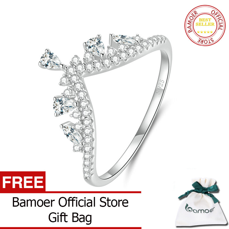 Bamoer 925 sterling silver crown zircon ring for women clear cz geometric ring promise ring fine jewelry bsr296