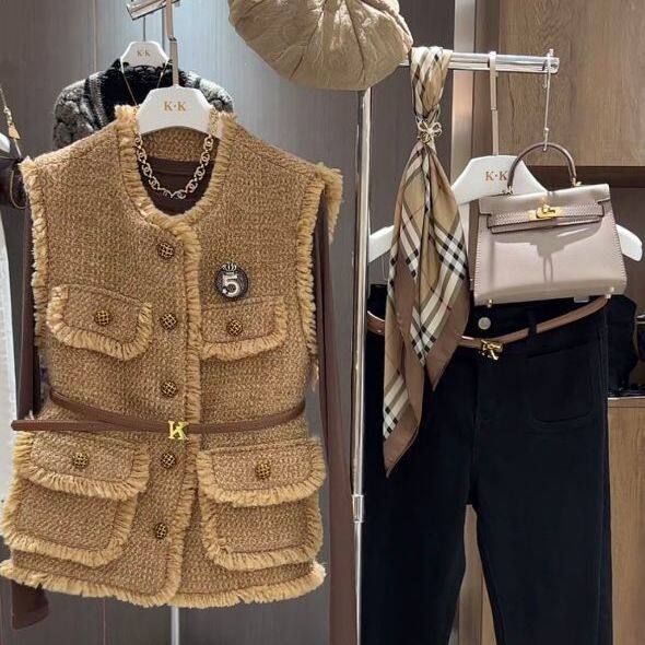 Small Fragrance Autumn Winter Braid Vest Jacket Jacket Fashion Vest Jacket Temperament Autumn Coat Ladies Solid Color Coat Vest