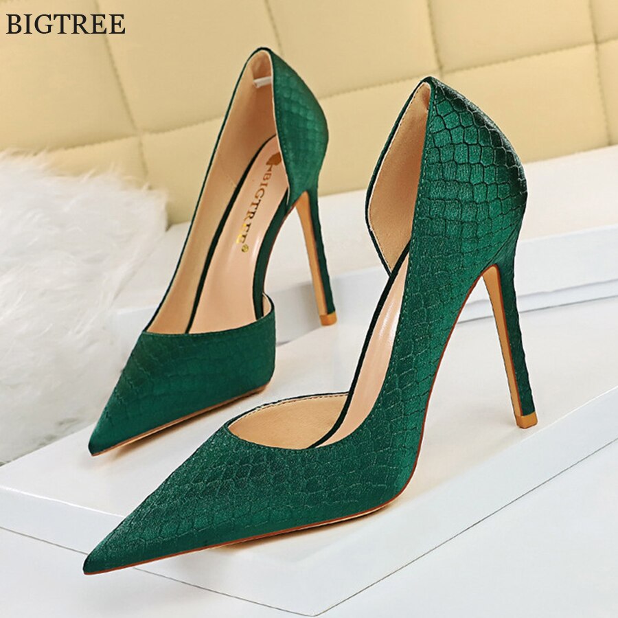 Autumn Snake Print Soft Silk Women Pumps Black Green High Heels Ladies Work  Shoes Sexy Side Hollow Pointed Toe Party Shoes Woman | Lazada PH