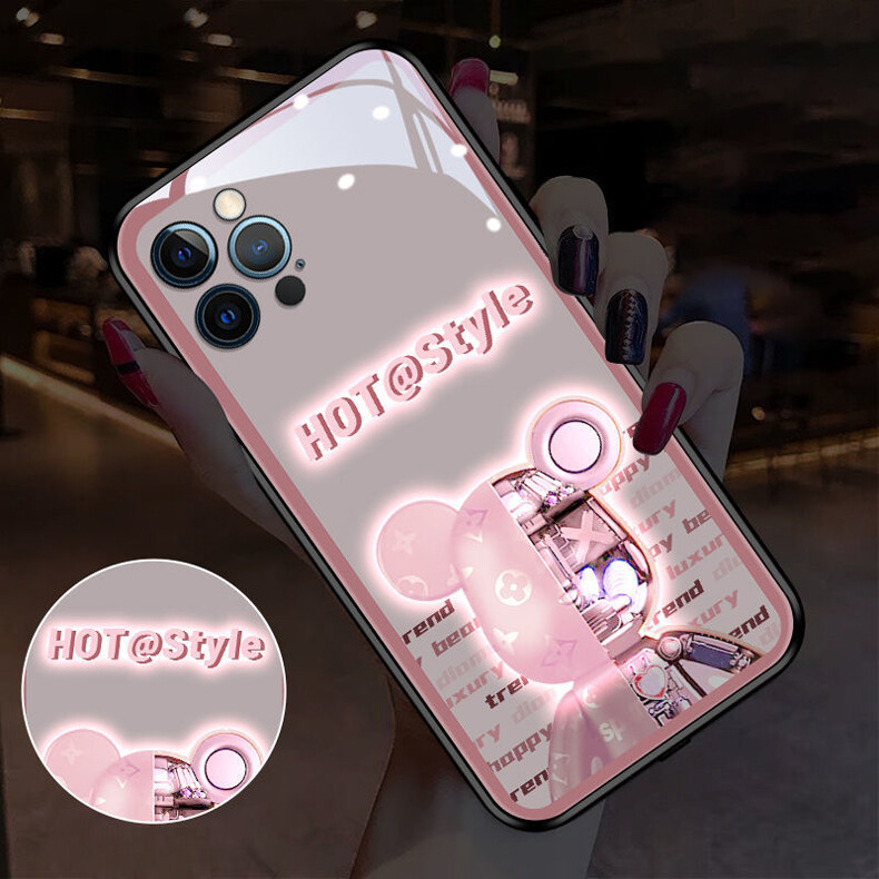 Cute Bear LED Luminous Call Light Flash Up Glass Phone Case For iPhone 14 13 12 Pro Max XS Max Smart  Control Cover Incoming Glow Shell
