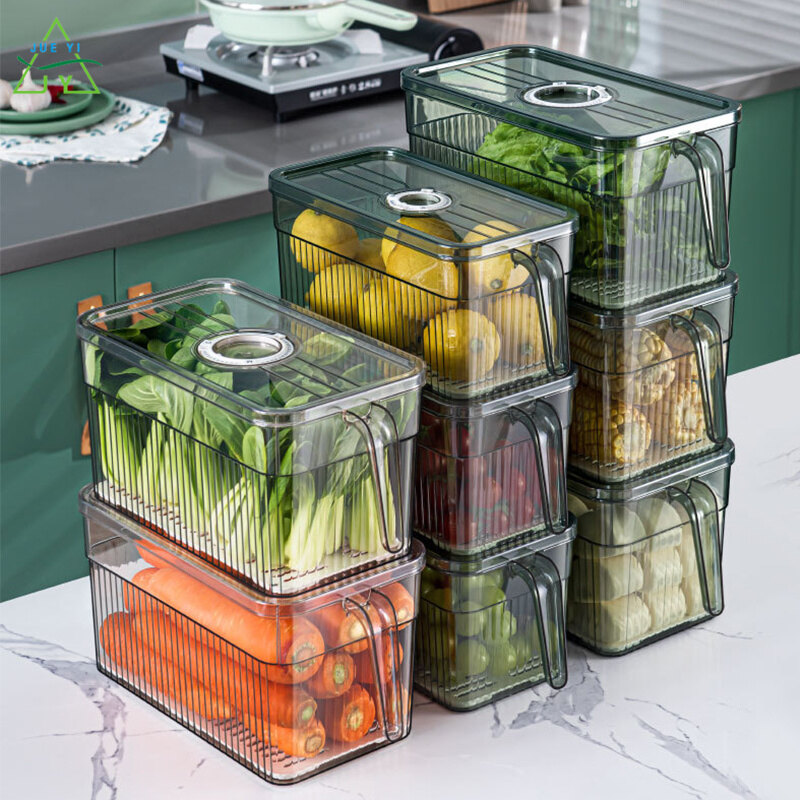 KS Refrigerator Storage Box Storage Box Food Grade Fresh With Handle Vegetables Fruit Kitchen Transparent