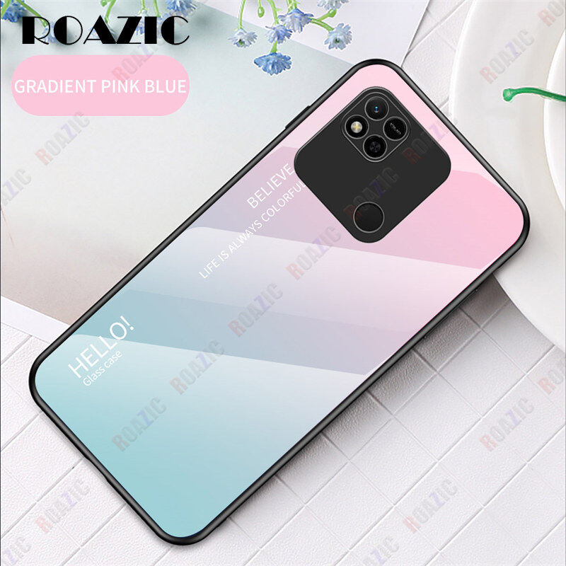 ROAZIC For Xiaomi Redmi 10A Case Gradient Colorful Tempered Glass Hard Back Soft Edge Cover Phone Casing