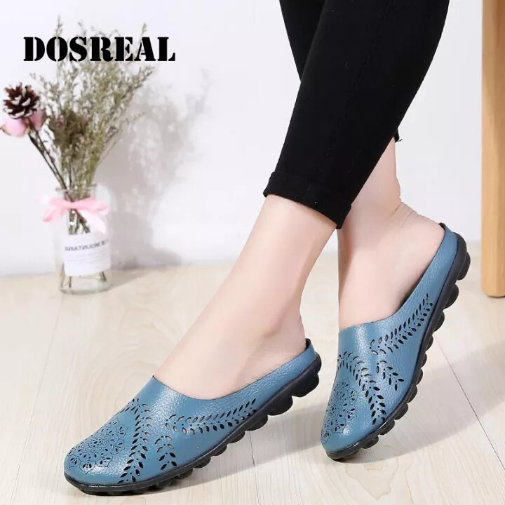 DOSREAL New Women's Half Loafers Genuine Leather Flat Slides Women Casual Soft Slippers Female Plus Size