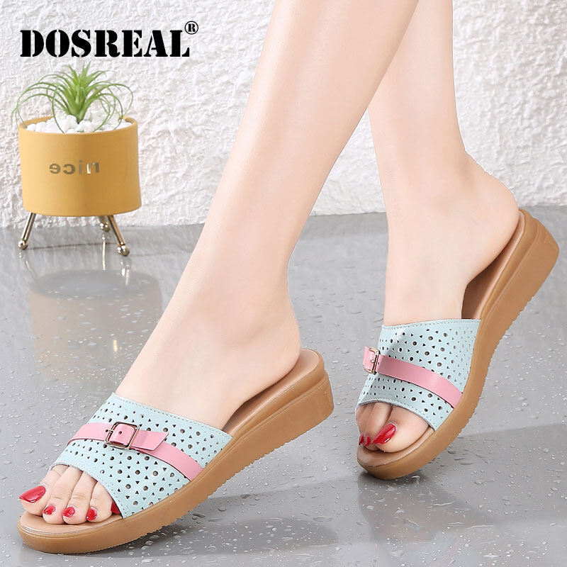 DOSREAL Sandals For Women Leather Shoes Korean Beach Slippers Women Fashion Soft Sole Shoes For Women Slides Wedge Shoes