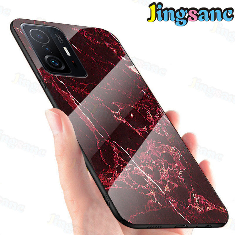 Jingsanc For Xiaomi Mi 11T 5G/11T Pro 5G Phone Case 9H Marbled Tempered Glass+Soft TPU Edge Scratchproof Protection Casing Back Cover