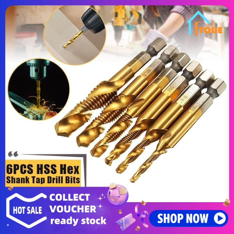6pcs metric thread m3-m10 titanium coated hss drill and tap bits 1/4 hex shank