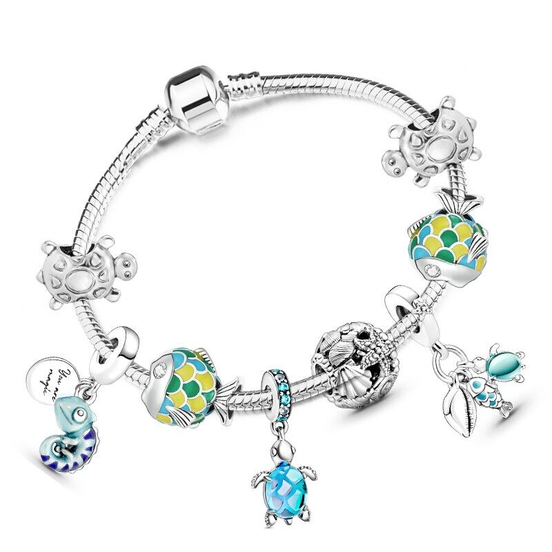 1 New Beach Ocean Series Charm Bracelets With Silver Plated Snake Chain Bracelet Bangles For Women Men High Quality Jewelry Gift