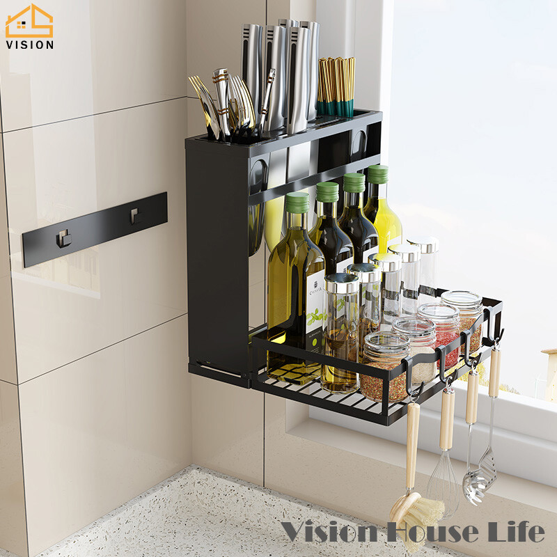 Vision Wall Mounted Kitchen Storage Rack Foldable Seasoning Rack Hole Free Rest Holder Multifunctional Chopsticks Barrel Chopping Board Storage Rack Tableware Storage Shelf