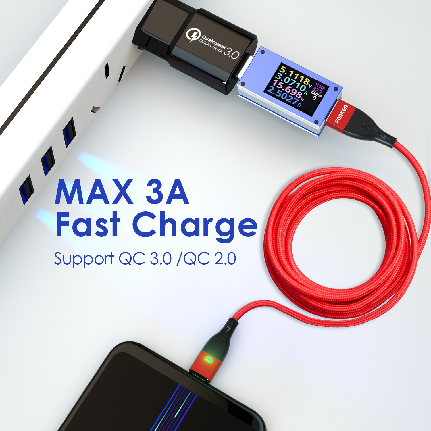 FONKEN 1M 3Packs Micro USB Cable QC 3.0 Fast Charging Max 3A Quick Charger Sync Data Transfer LED Magnetic Charger Cable for Android Device