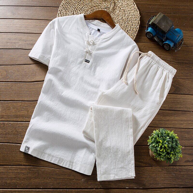 New arrival men's cotton and linen short sleeve t-shirt+ankle length pant set solid shirt+trousers home suits male m-5xl tz30
