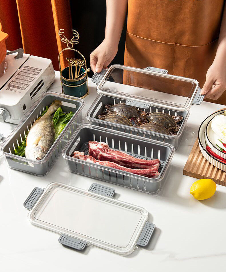 XINLANYASHE refrigerator storage box Fresh storage box, available in 2 sizes, food storage box refrigerator food storage There is a plastic grid plate. sealed box translucent refrigerator preservation set Rectangular PET food box