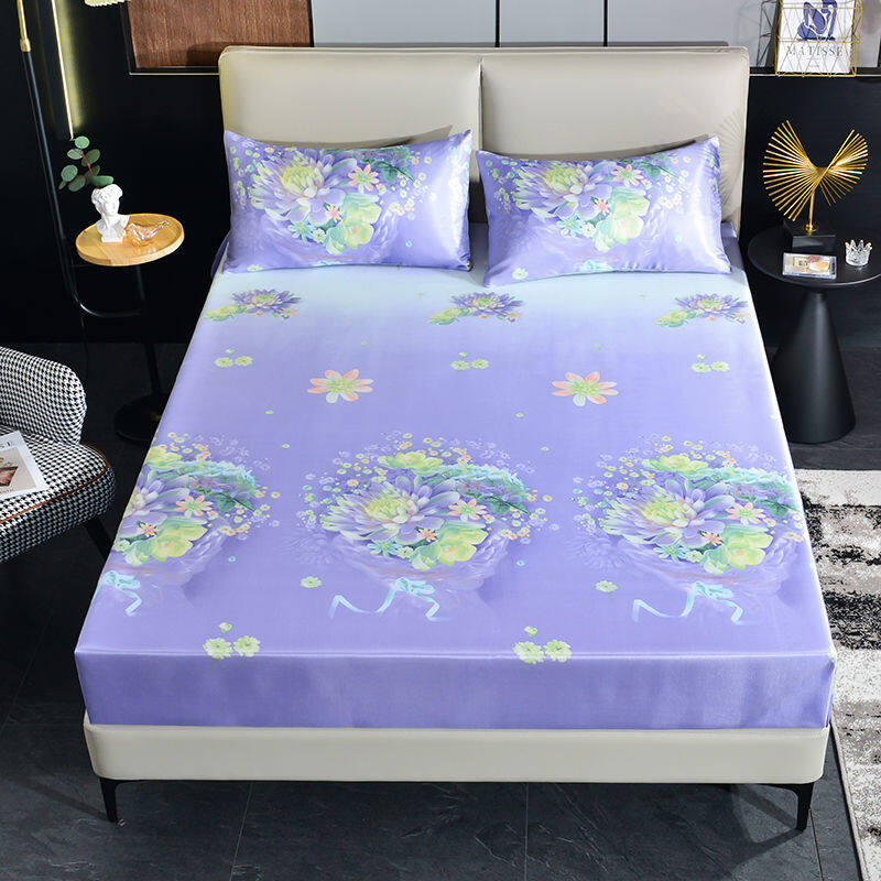One Piece Ice Silk Fitted Sheet Washable Summer Bed Sheet Double Bed Cover