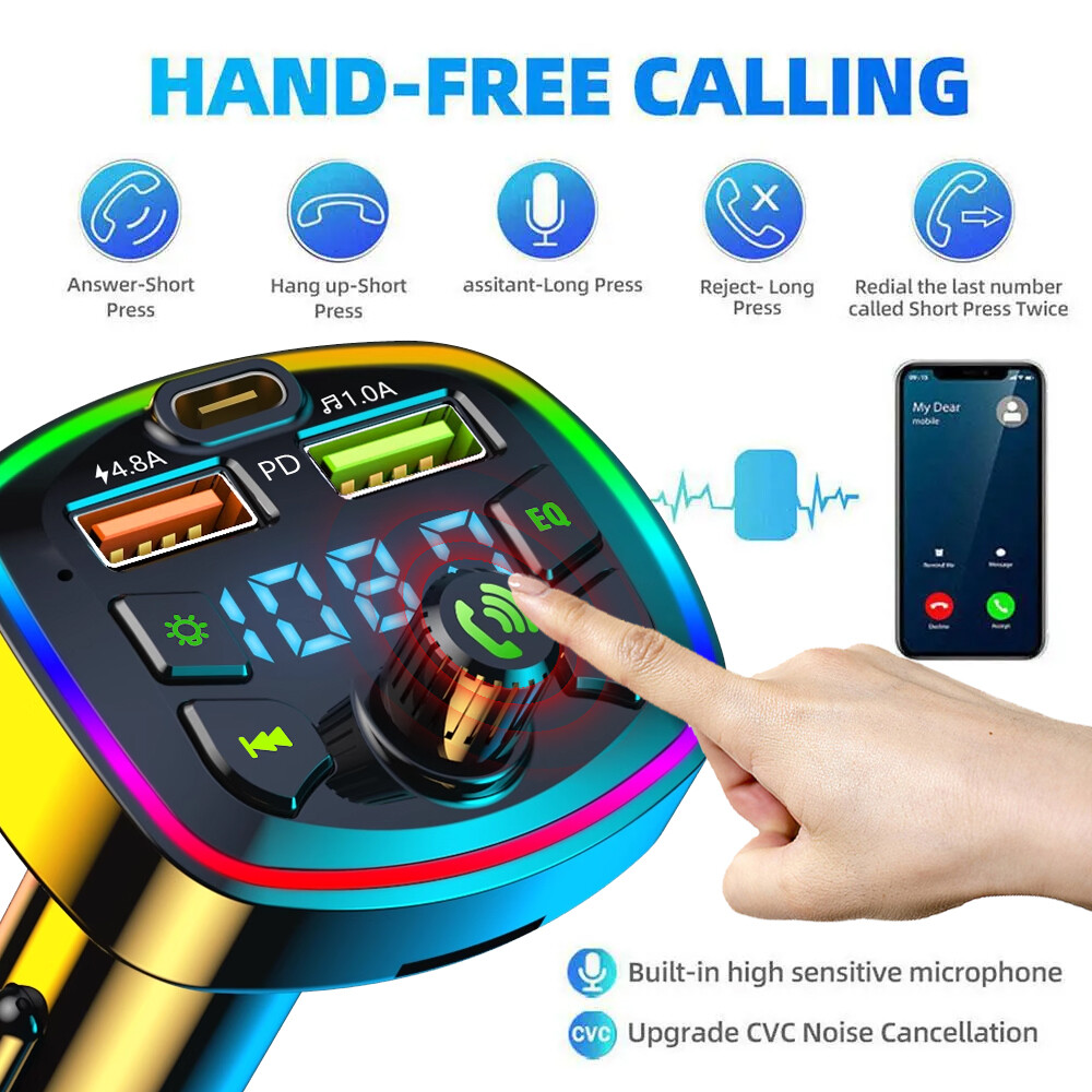 Car Charger Fast Charging U Disk MP3 Player Bluetooth 5.0 FM Transmitter Hands-free Audio Receiver Dual USB PD Charger