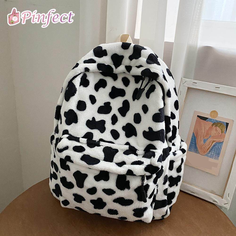 [Pinfect] Casual Vintage Milk Cow Pattern Backpack Women Plush Large Capacity Rucksack Student School Bags Bagpack
