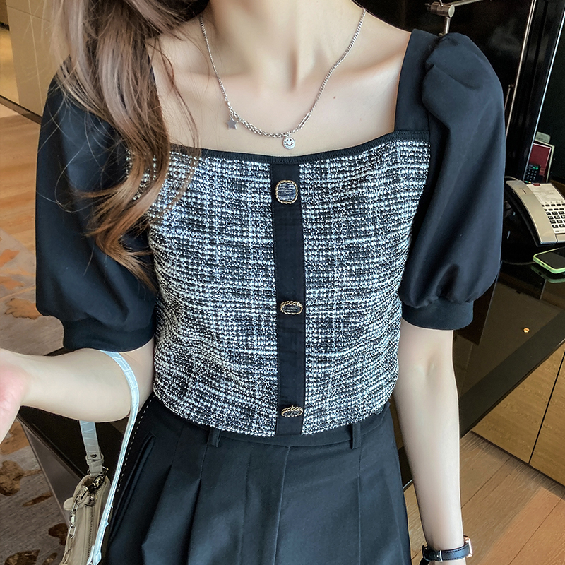 YIGE summer Korean women's plaid square collar blouse plus size elegant temperament