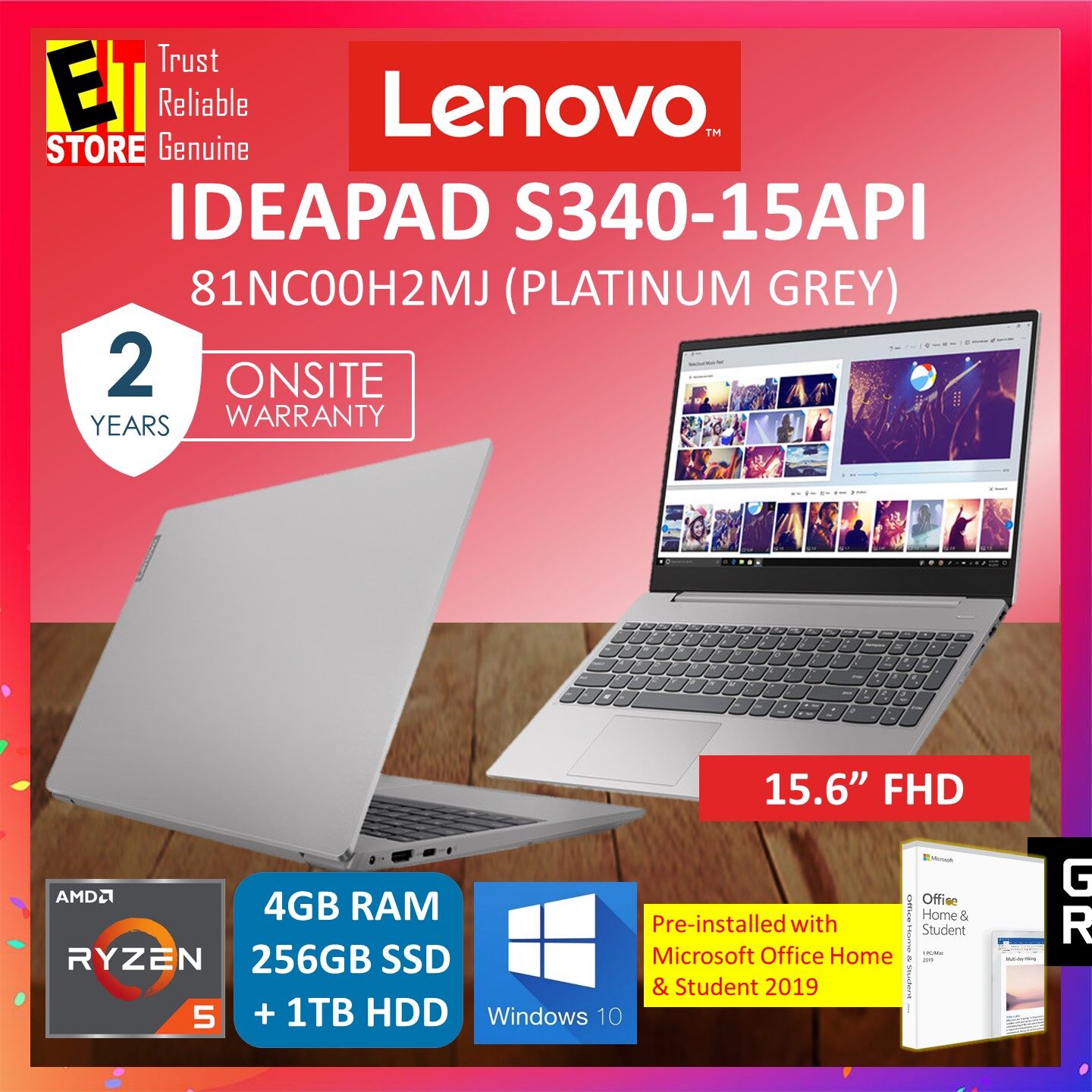 LENOVO IDEAPAD S340-15API 81NC00H2MJ LAPTOP (GREY) (RYZEN 5 3500U/4GB/256GB SSD + 1TB HDD/15.6 FHD/W10/2YRS) WITH MS.OFFICE + BAG Malaysia
