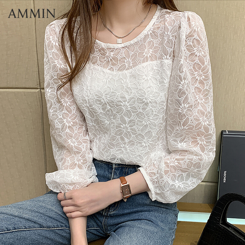 AMMIN autumn new all-match O-neck long-sleeved lace shirt For Women Korean lantern sleeve lace TOP Lady beautiful embroidered lace Blouse
