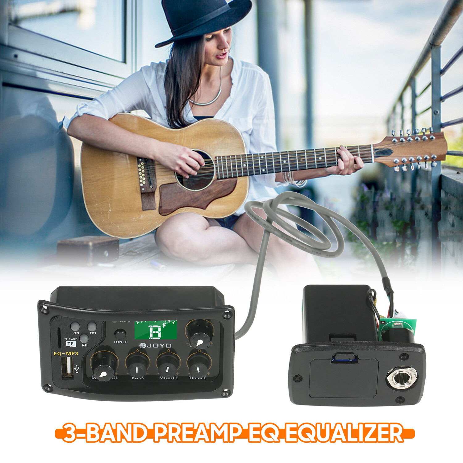 EQ-MP3 3-Band EQ Equalizer System Acoustic Guitar Preamp EQ Equalizer Piezo Pickup LCD Tuner Amplifier