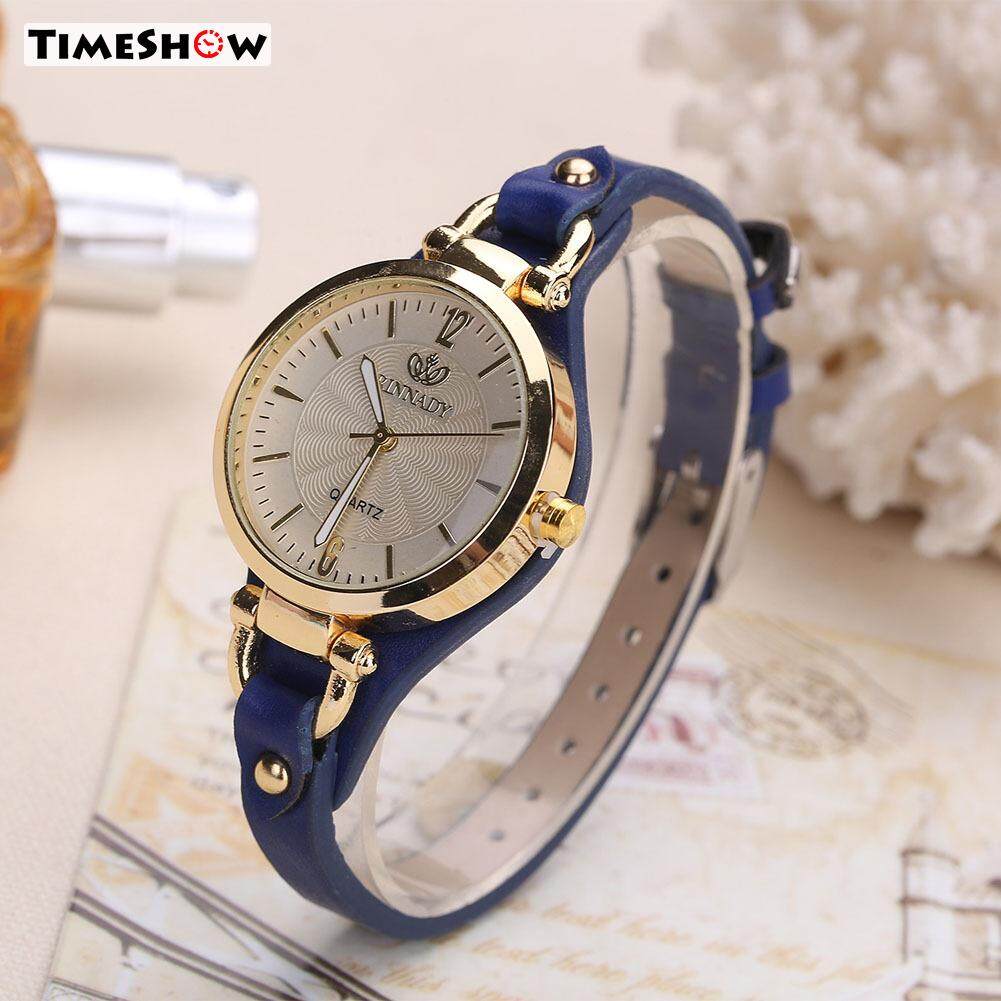 TimeShow Phụ Nữ Giản Dị Mặt Tròn Đồng Hồ Đinh Tán PU Dây Đồng Hồ Đeo Tay