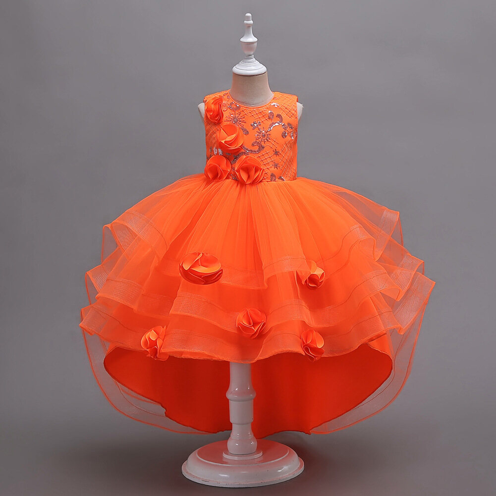 LZH Children's summer dress girl dress trailing princess dress flower girl girl catwalk host piano performance dress pompous dress evening dress princess dress