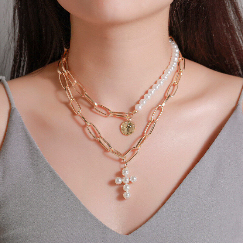 ไข่มุกหลายชั้น Cross สร้อยคอผู้หญิงแฟชั่นสร้อยคอจี้ภาพ Chokers ของขวัญเครื่องประดับแบบทันสมัย