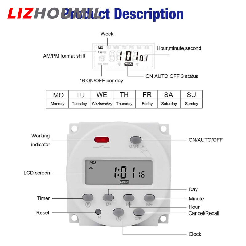 LIZHOUMIL Dc 12v Lcd Digital Timer Programmable Time Week Date Display Energy-saving Timer With Memory Function