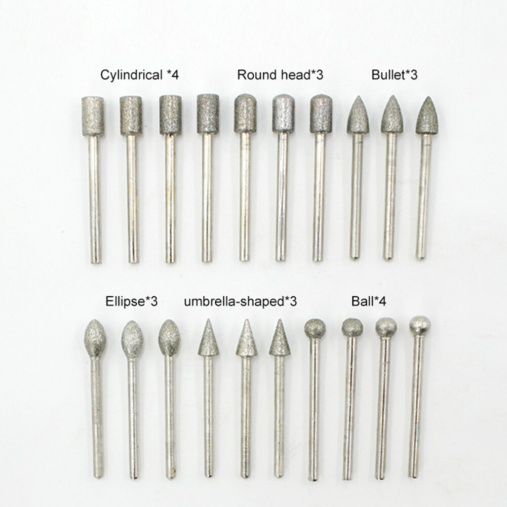 20pcs Diamond Grinding Heads 3mm Shank Mini Bit Set for Rotary Drill Tool