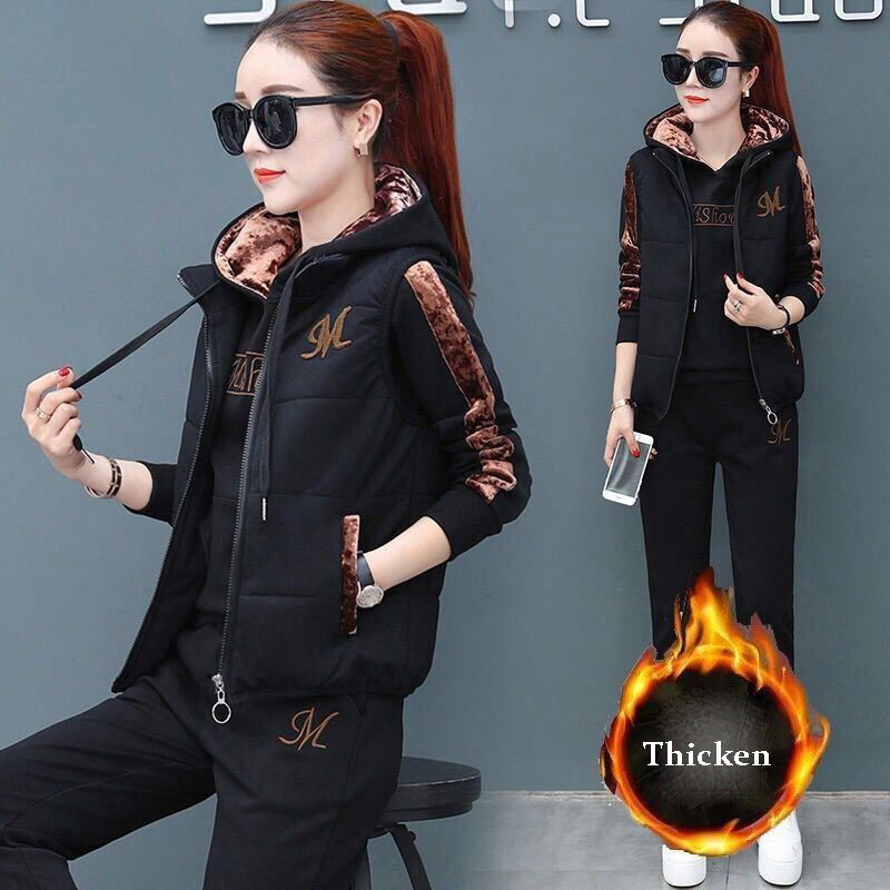 3 Piece Set Women Suit Tracksuit Winter Hoodies+Vest+Pants Track Suit Plus Velvet Warm Sporting Suits Female Clothes