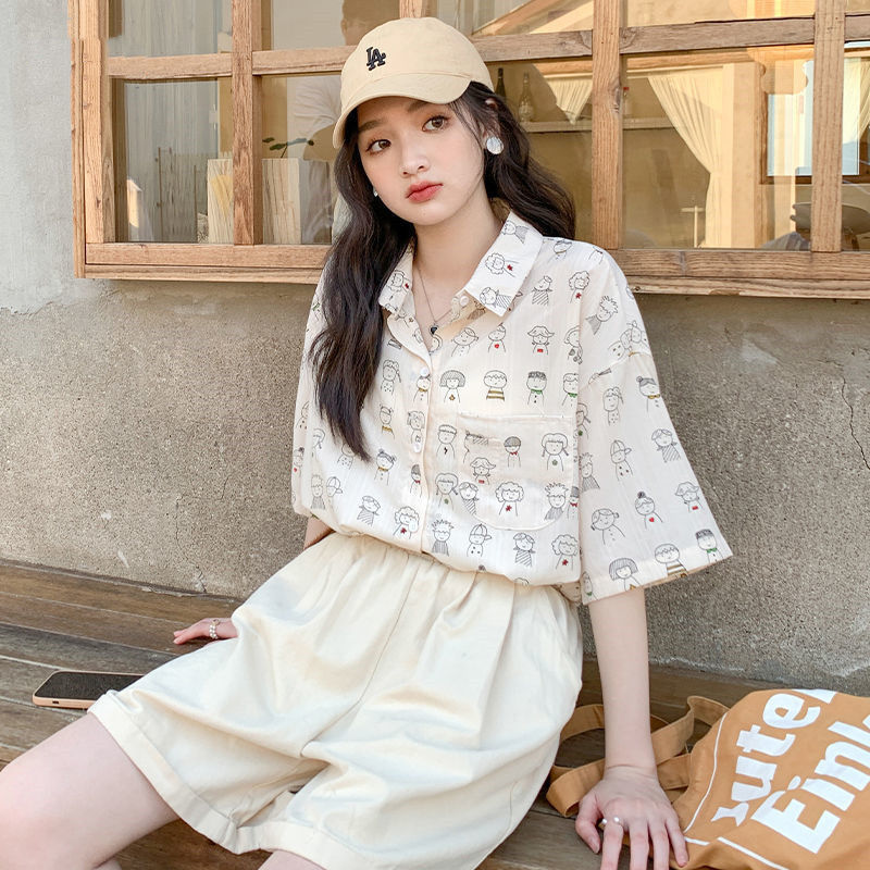 SHUFU 2371 Hàng sẵn sàng phong cách hàn quốc áo voan áo sơ mi ngắn tay cho nữ cộng với kích thước ve áo áo sơ mi hoa