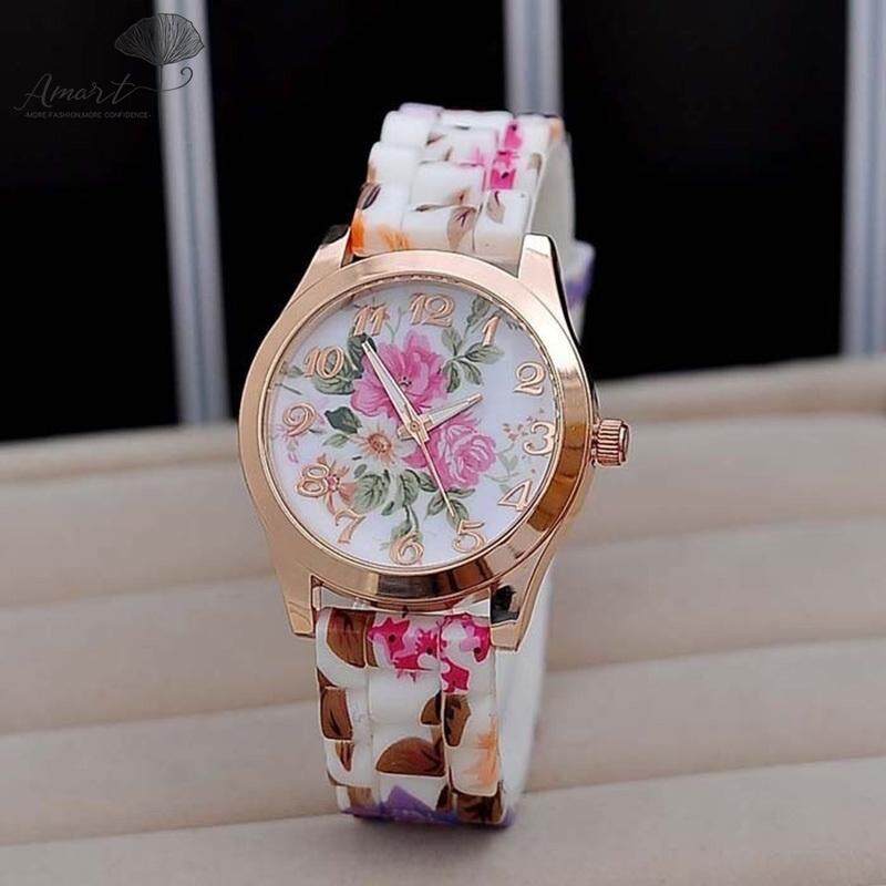 Amart Fashion New Silicon Strap Watch Beautiful Flower Porcelain Design Wristwatch Women Students Girls Malaysia