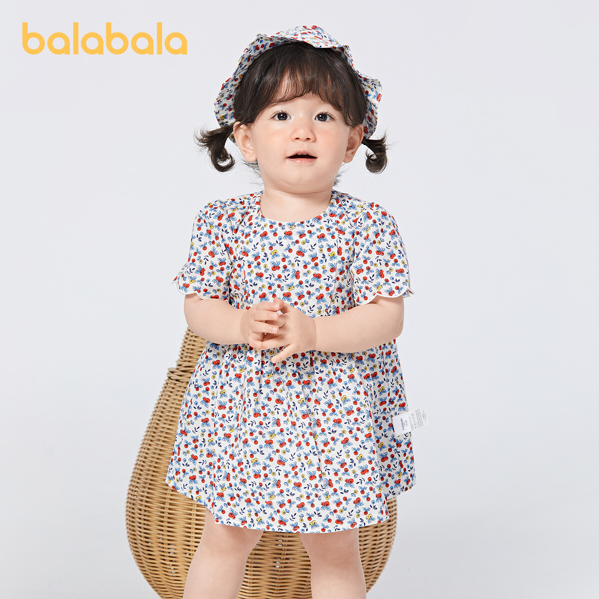 Balabala Infant Girls Dress Cute Flowers Printing Princess Dress with Summer-hat