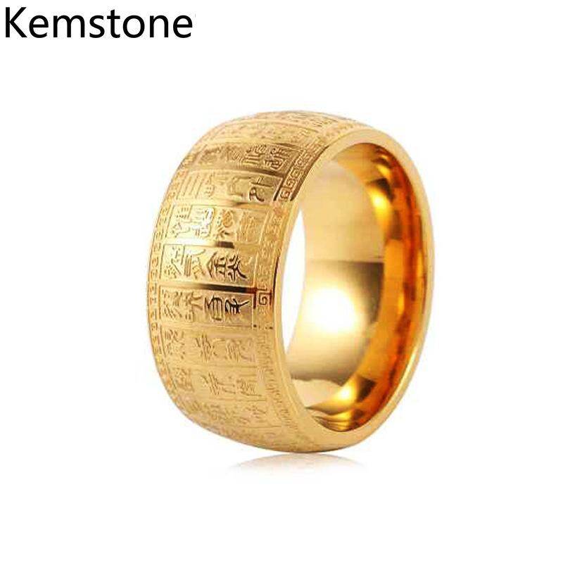 Kemstone Fashion Stainless Steel Retro Taoism Seal Character Personality Golden Charm Ring for Men Jewelry Gifts