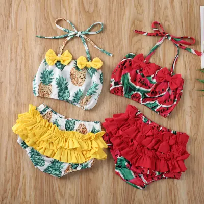[Mmyard]Summer Girls Swimwear Swimsuit Tankini 2PCS Watermelon Flowers Bathing Beachwear Sweet Baby Kids Bandage Halter Bikini set