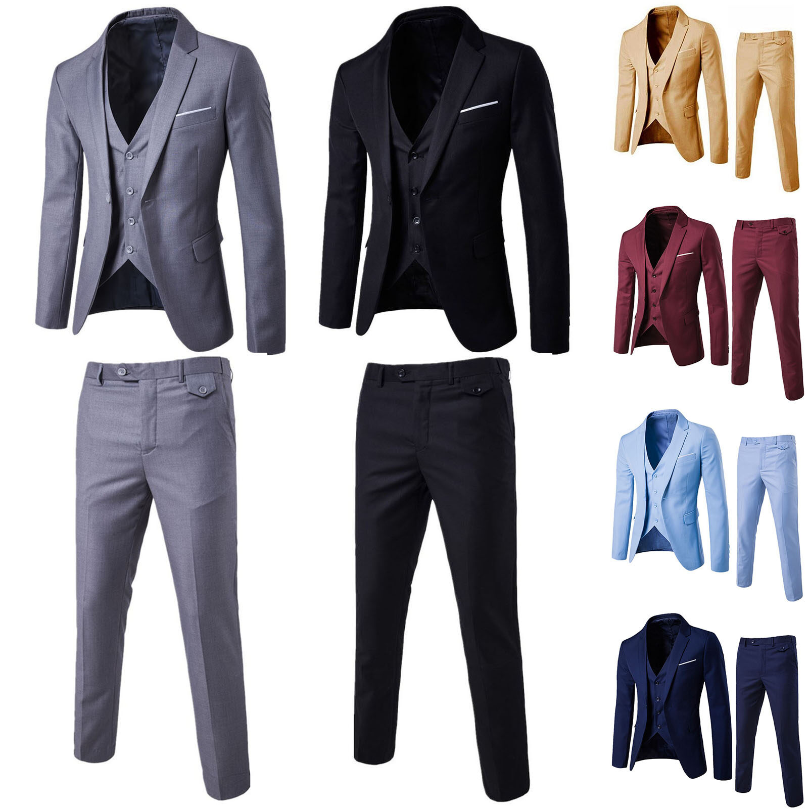 Benferry 2Pcs/Set Plus Size Men Solid Color Long Sleeve Lapel Slim Button Business Suit 【Asian Size relatively Smaller】