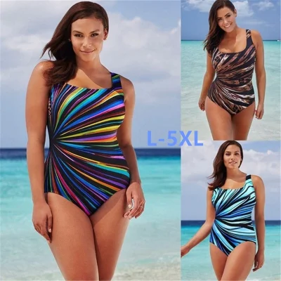 Summer Women Plus Size Stripes Print Deep V-neck Beach Swimwear Bathing Suits