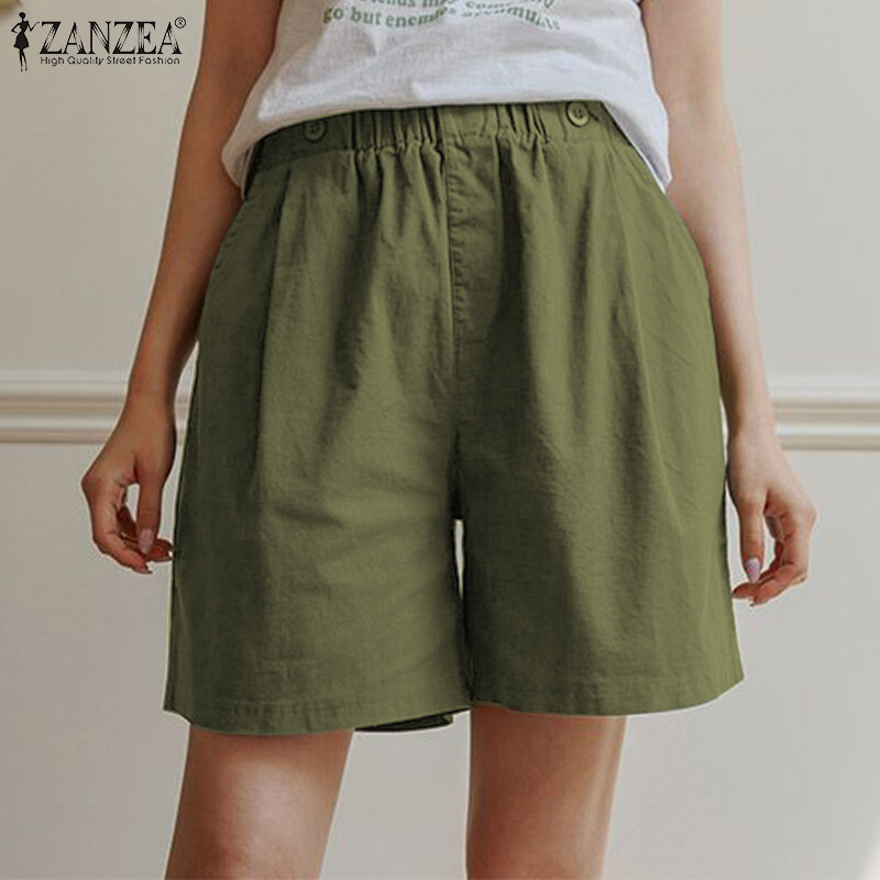 ZANZEA Women's Shorts Vintage Elastic Waist Pleated Side Pockets A-Line Loose Shorts Pants#8
