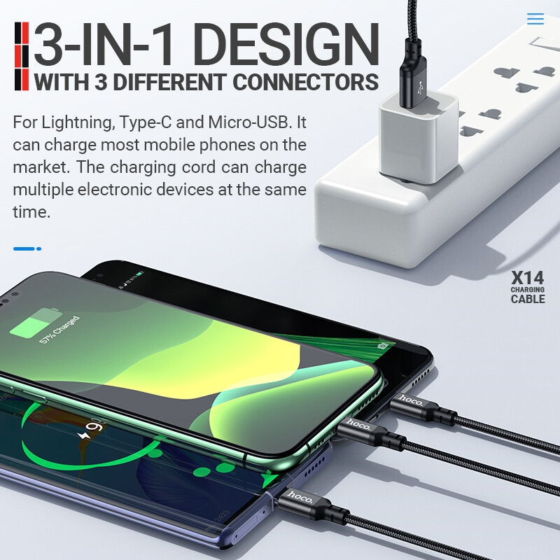 Hoco X14 3 Trong 1 Cáp Sạc Cổng USB (Lightning + Type C + Micro USB) dành Cho iPhone Samsung Huawei Xiaomi