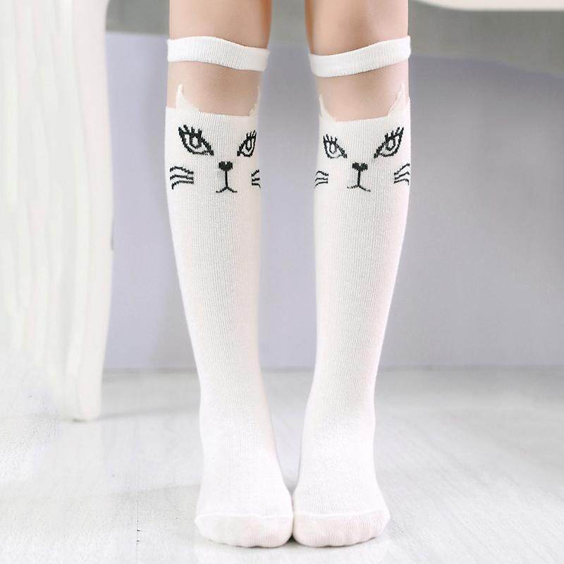 Đen Trắng Ren Tất Cho Trẻ Em Mèo Hoạt Hình Bé Gái Đầu Gối Cao Tất Trẻ Em Vớ Dài 3-10 Tuổi
