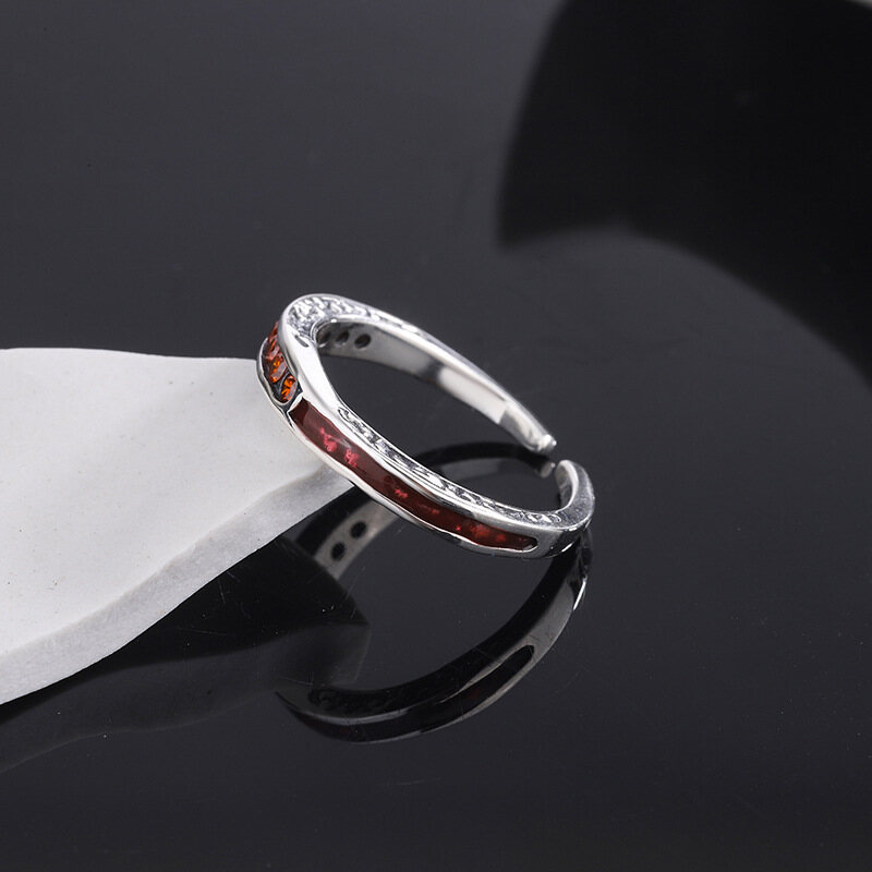 S925 Sterling Silver Ring Women Orange Red Zirconia Set Open Adjustable Ring