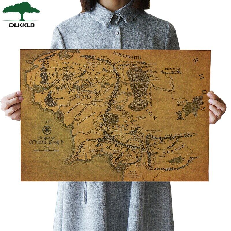 DLKKLB Lord Of The Rings The Hobbit Map Of Middle-Earth โปสเตอร์ภาพยนตร์คลาสสิกแผนที่กระดาษคราฟท์สติ๊กเกอร์ตกแต่งผนัง