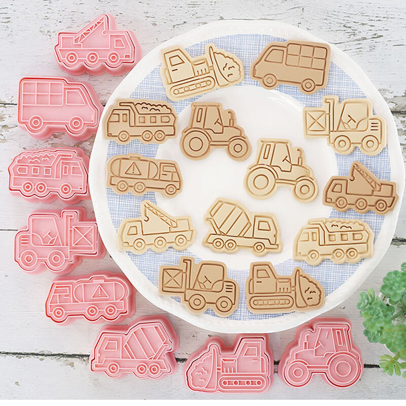 8PCS Engineering Truck Cookie Cutter Plastic 3D Cartoon Pressable Biscuit Mold