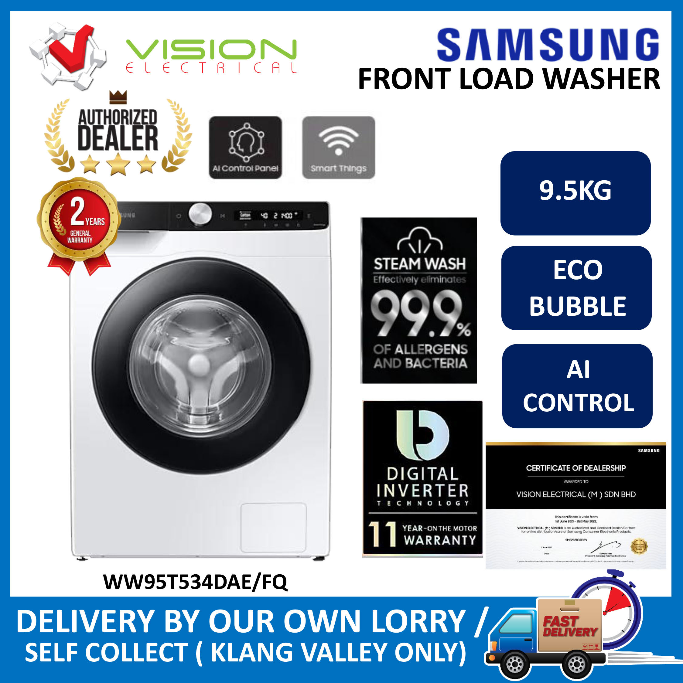 SAMSUNG 9.5kg Front Load Washer With AI Control WW95T534DAE/FQ (Mesin Basuh) ( 5 Star Rating