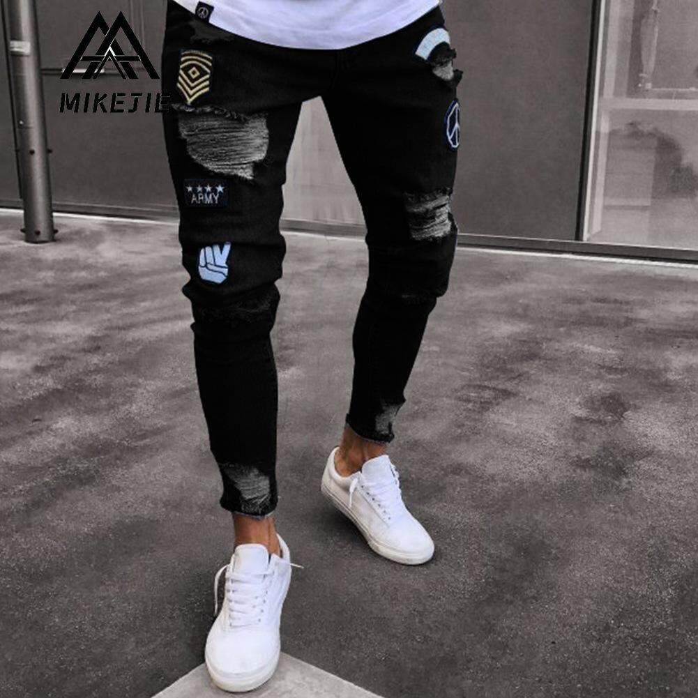 MIKEJIE Men's Ripped Jeans Men's Denim Trousers Skinny Stretch Ripped Jeans Slim Fit Flex Denim Trousers Pants Destroy